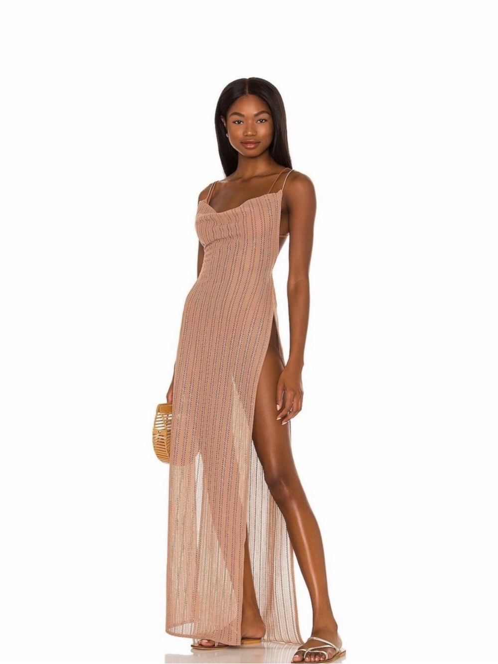 Revolve Michael Costello Shannon Nude Maxi Dress Swim  w/ Double Slits, Medium